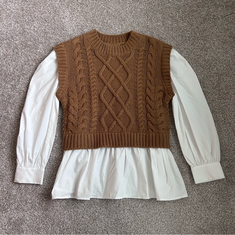 Elan Cable Knit Mixed Media Sweater Vest Top Brown White NWT Small - Picture 2 of 11